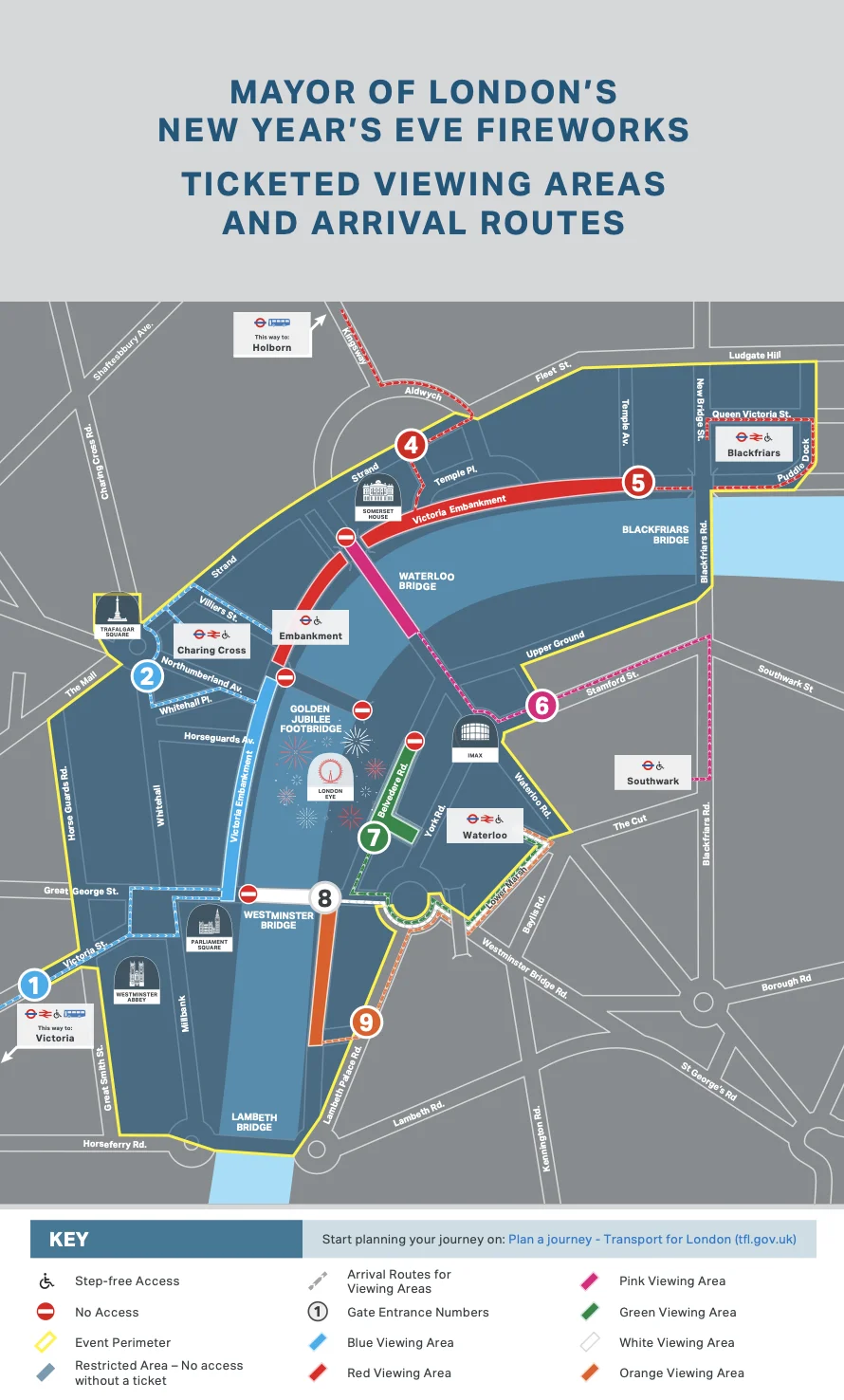 Carte officielle des zones du feu d'artifice du Nouvel an à Londres