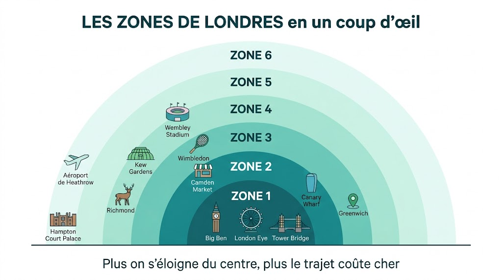 Carte des zones de Londres : monuments et quartiers touristiques de la zone 1 à la zone 6